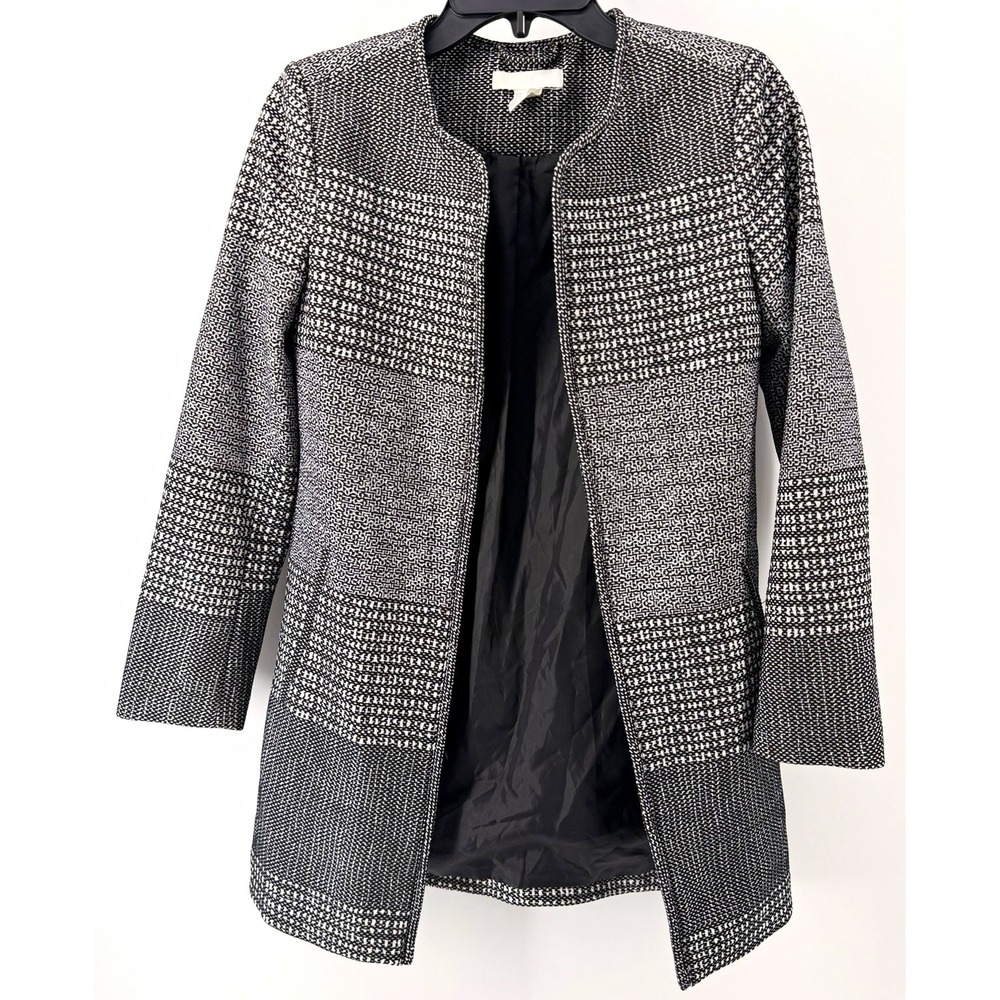 H&M Women's Size 2 XS Black White Textured Open Front Longline Cardigan Jacket
